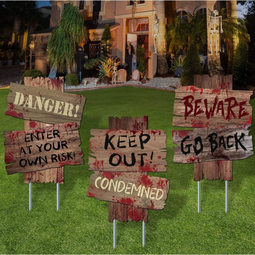 Halloween Decorations Beware Signs Yard Stakes Outdoor Creepy Assorted Warning S